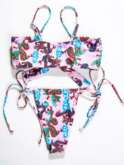 Chinese Style Printing Knotted Bandeau Split Bikini Swimsuit