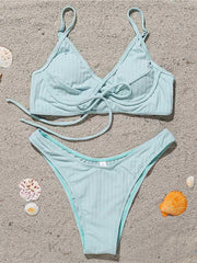 Solid Color Bandage Underwired Split Bikini Swimsuit