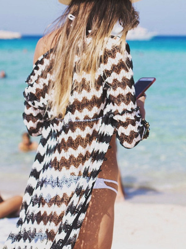 Striped Printed Long Sleeved Tunicshang Cover-Ups Tops