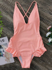 Backless U-Neck Falbala One-Piece Swimwear