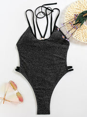 Split-Joint Sequined Backless One-Piece Swimwear