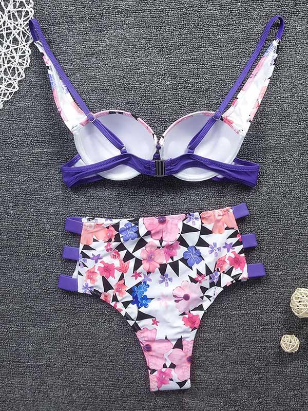 Floral-Print Bandage Split-Joint Underwired Split Bikini Swimsuit