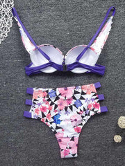 Floral-Print Bandage Split-Joint Underwired Split Bikini Swimsuit