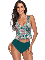 Bikini-Badeanzug mit hoher Taille und Blumenmuster mit Rüschen 