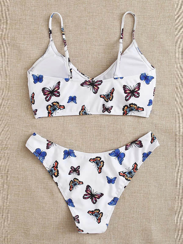 Floral-Print Spaghetti-Neck V-Neck Split Bikini Swimsuit