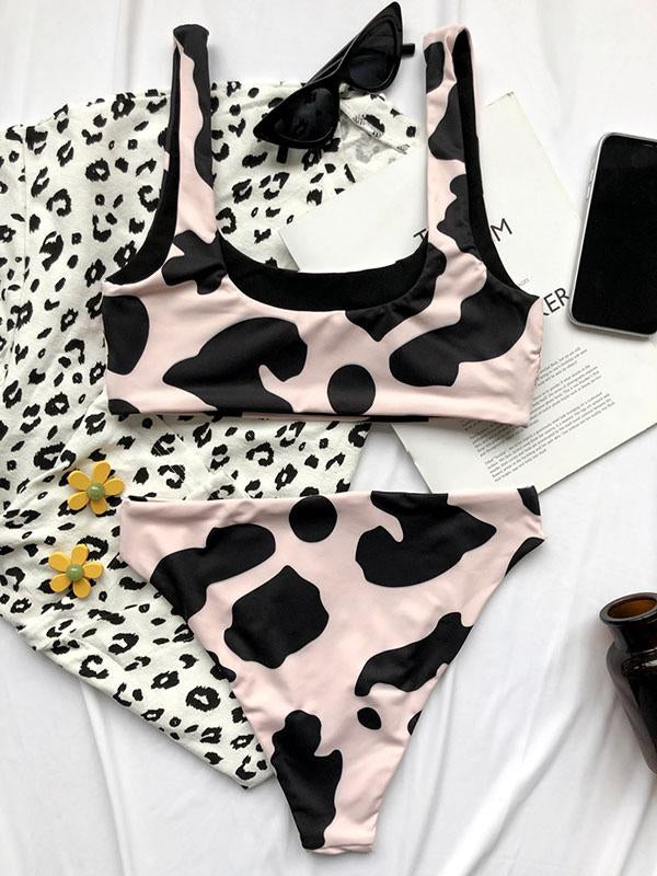 Cow Pattern U-Neck Split Bikini Swimsuit