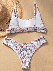 Bikini-Badeanzug mit Blumenmuster, Spaghetti-Ausschnitt, U-Ausschnitt und Schlitz 