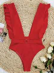 Ruffled Deep-V Neck One-Piece Swimwear