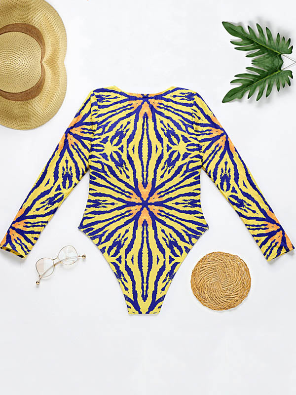 Long Sleeve Deep V-Neck Floral One-Piece Swimwear