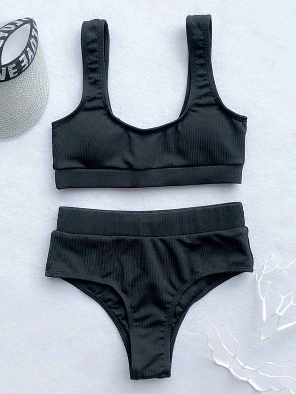 Plain High-Waist Split Bikini Swimsuit