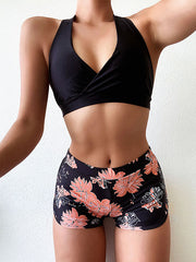 Floral-Print Color-Block Shorts V-Neck One-Piece Swimwear