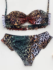 Leopard Print Ruffled Bandage Backless Split Bikini Swimsuit