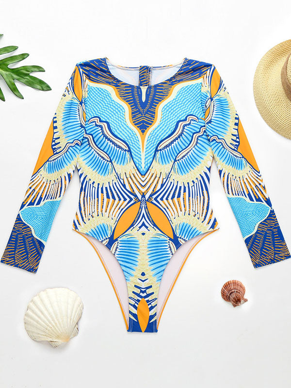 Abstract Printed Round-Neck Long Sleeve One-Piece Wetsuits