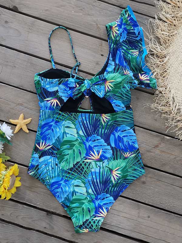 Floral One-Shoulder Falbala Hollow Tight One-Piece Swimwear