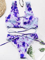 Tie-Dyed Floral-Print Deep V-Neck Bandage Split Bikini Swimsuit