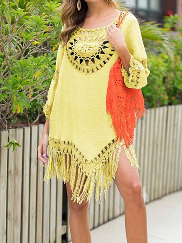 Crochetgo Split-Joint Tasseled Hollow 3/4 Sleeve  Cover-Ups Tops