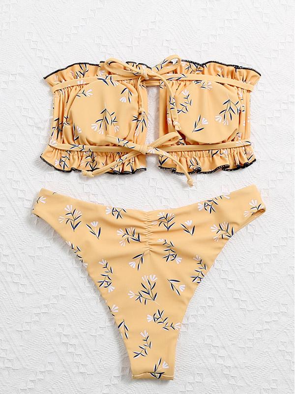 Floral-Print Bandage Ruffled Hollow Split Bikini Swimsuit