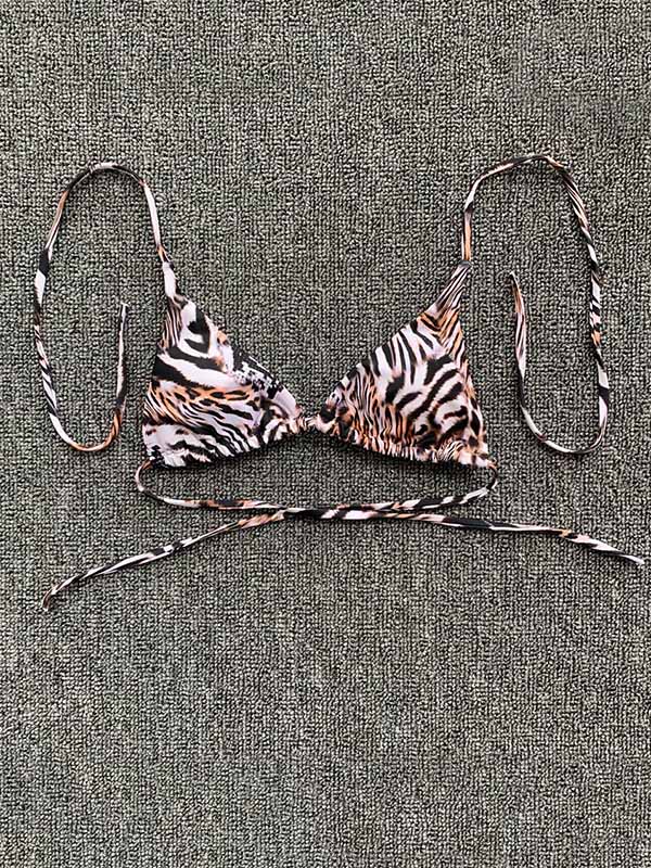 Tiger Pattern Triangles Bandage Split Bikini Swimsuit