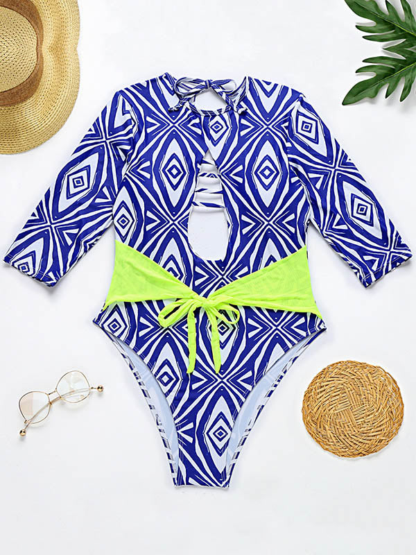 Half Sleeve Floral Hollow Bandage One-Piece Swimwear