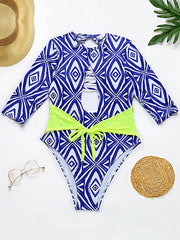 Half Sleeve Floral Hollow Bandage One-Piece Swimwear