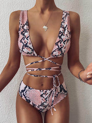 Snake-Print Bandage Split Bikini Swimsuit