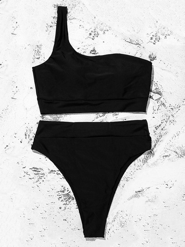 Einfarbiger, asymmetrischer Bikini-Badeanzug mit One-Shoulder-Schnitt und Schlitz 