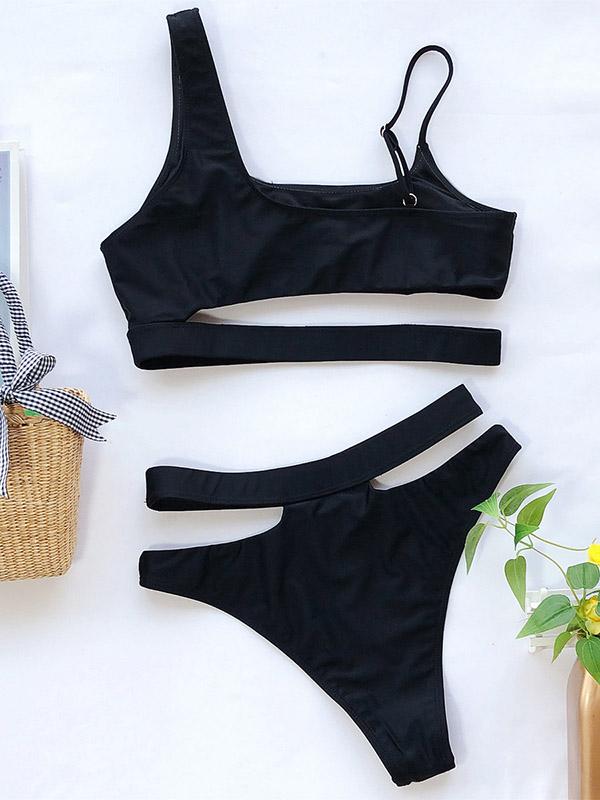 Asymmetric Bandage Hollow Split Bikini Swimsuit