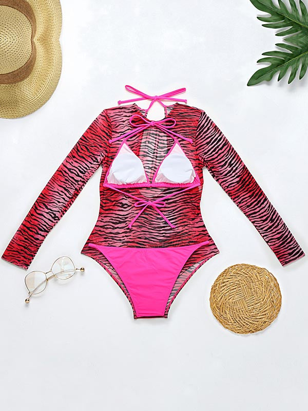 Long Sleeve Zebra Print Mesh Bikini Wetsuit Swimwear