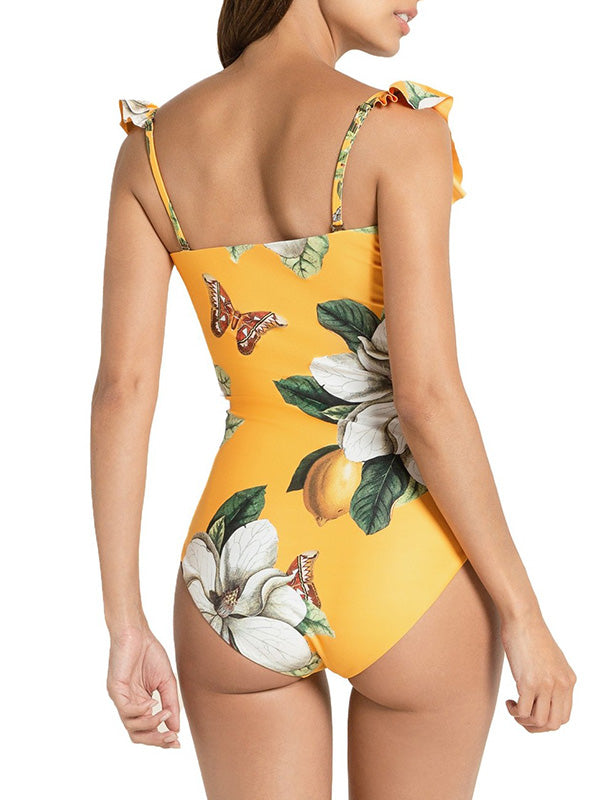 Floral Print Sleeveless Falbala One-Piece Swimwear