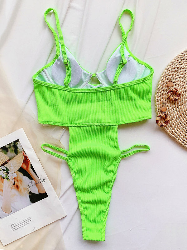 Fluorescent Spaghetti-Neck Padded Underwired One-Piece Monokini Swimwear