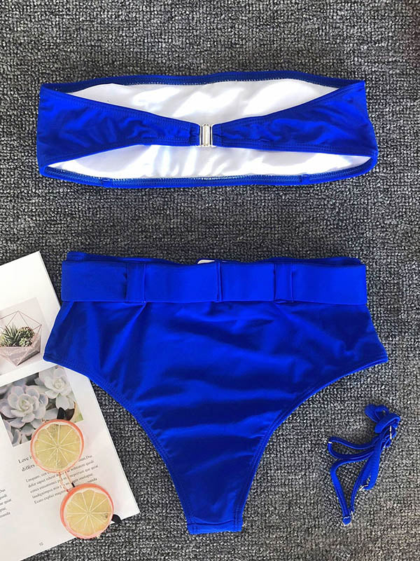 Solid Color Bandeau Belted Split Bikini Swimsuit