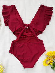 Solid Color Ruffled V-Neck One-Piece Swimsuit