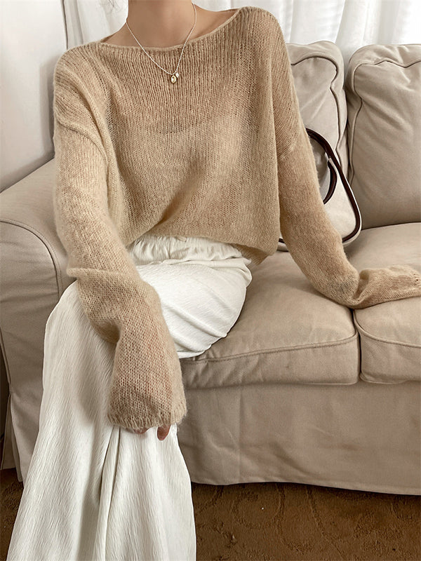 Gentle Mohair Knitted Loose Long Sleeves Solid Color Thin Sweater Tops