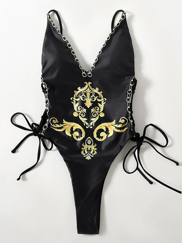 Deep V-Neck Baroque Styles One-Piece Swimwear