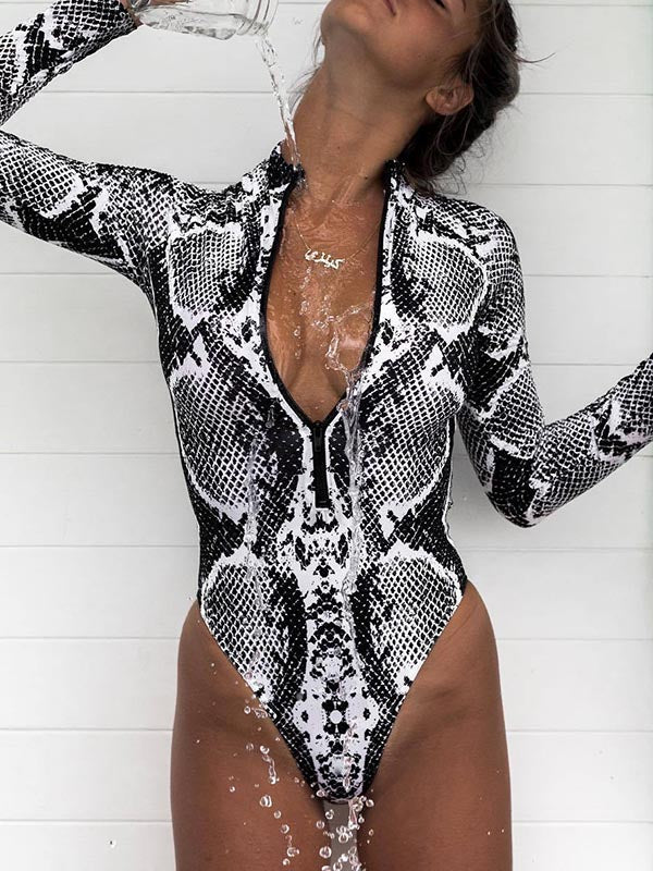 Animal Print High-Neck Zipper Long Sleeve One-Piece Wetsuit