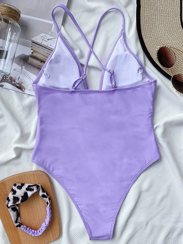 Deep V-Neck Belted Embellished One-Piece Swimwear