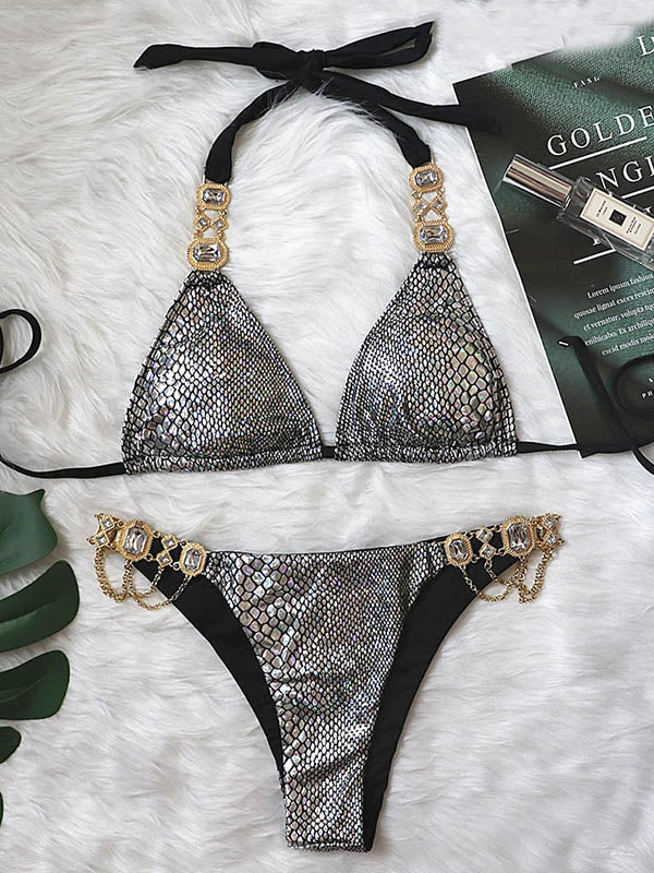 Sexy Snake-Print Shining Gorgeous Embellished Split Bikini Swimsuit