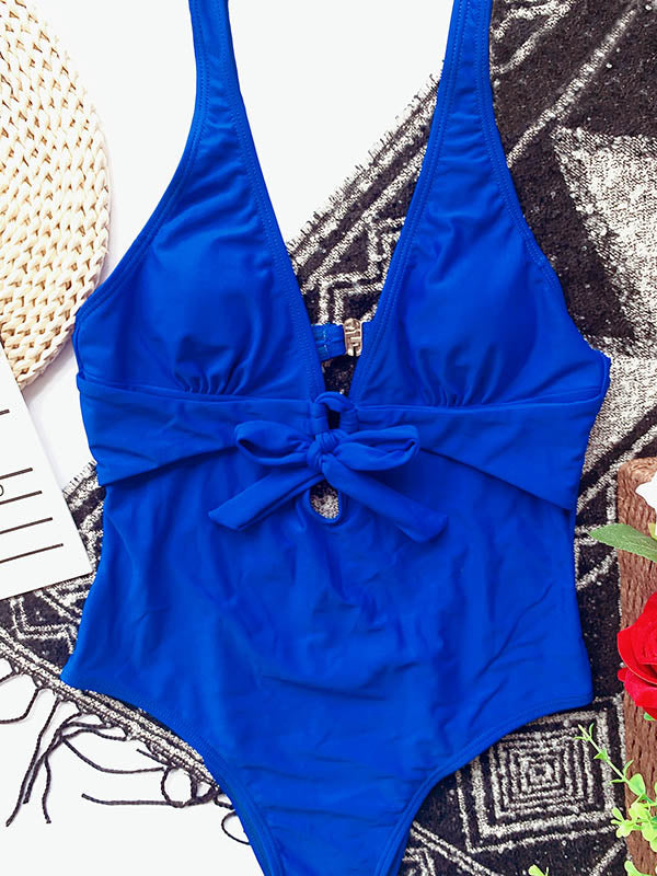 Deep Bowknot V-Neck One-Piece Swimwear