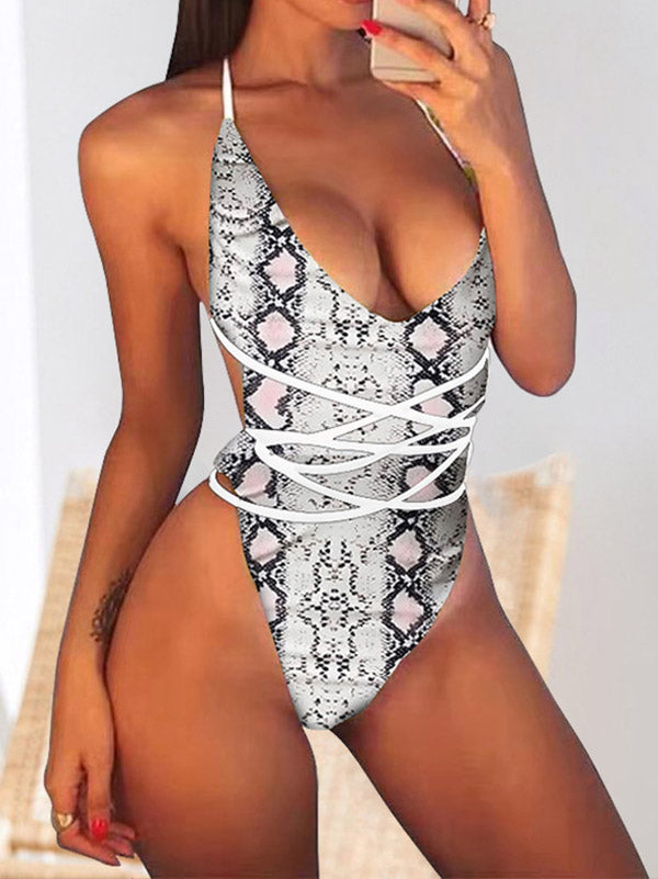 Animal Print Backless Bandage One-Piece Swimwear