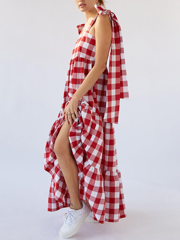 A-Line Loose Plaid Split-Joint Tied Square-Neck Maxi Dresses