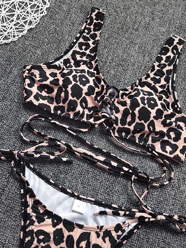 Leopard Print Bandage Hollow Split Bikini Swimsuit