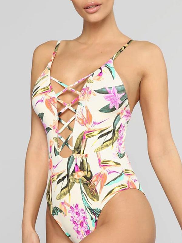 Floral-Print Bandage Hollow Split Bikini Swimsuit