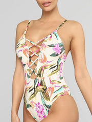 Floral-Print Bandage Hollow Split Bikini Swimsuit