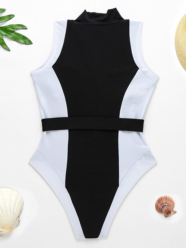 Contrast Color Split-Joint Belted Zipper One-Piece Swimwear