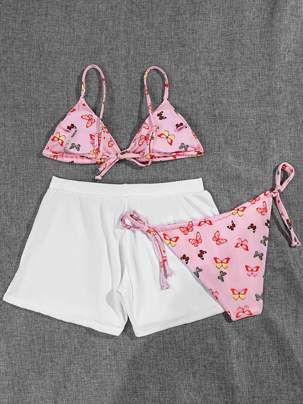 Floral Sexy Triangles Split Bikini Swimsuit+Shorts Three-Piece Set