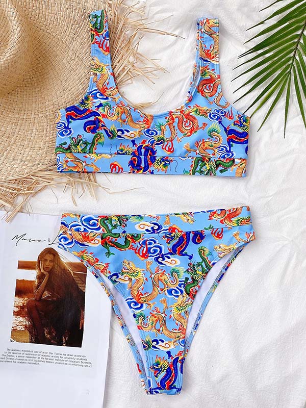 Chinese Style Printing U-Neck Split Bikini Swimsuit