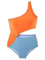 One-Shoulder Color-Block Tight Hollow Monokini Swimwear