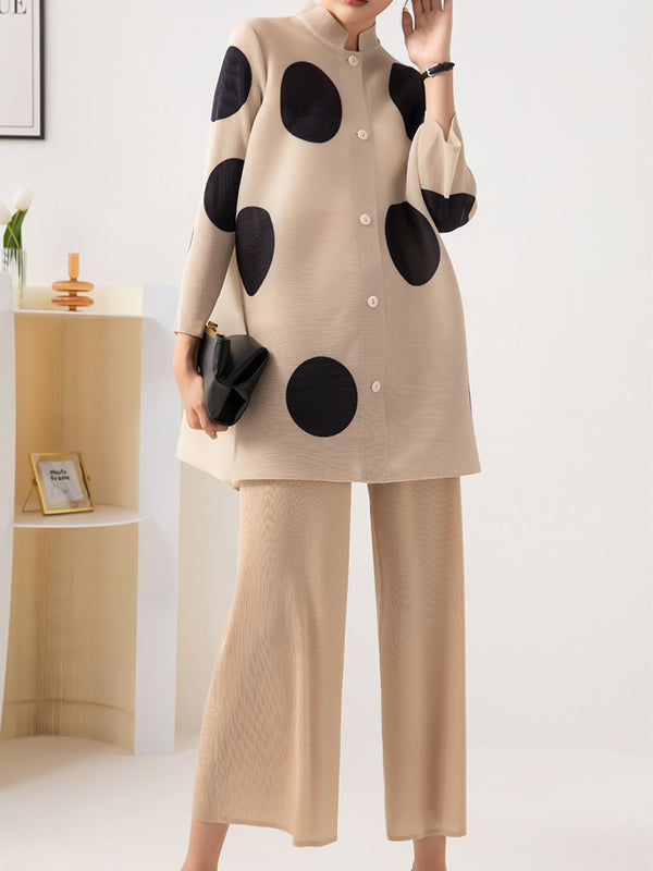 Long Sleeves Loose Pleated Polka Dot Stand Collar Two Pieces Set