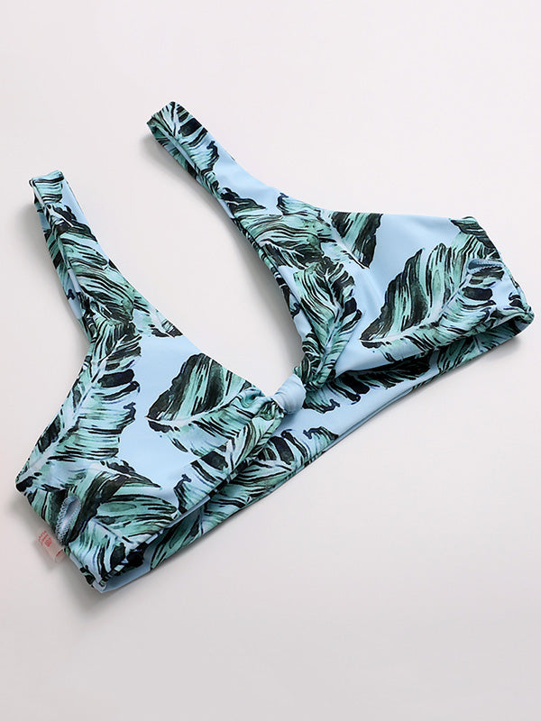 Leaf Print Knotted Backless Split Bikini Swimsuit