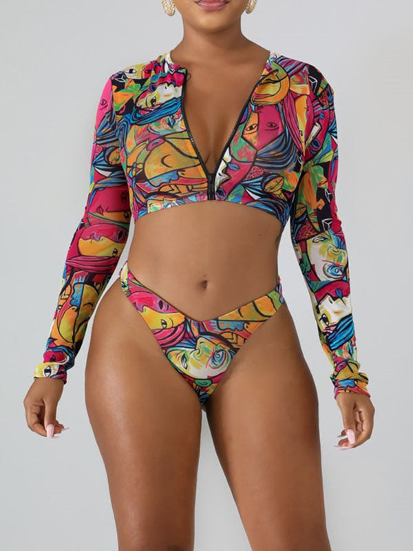 Wetsuit Floral Long Sleeve Zipper Split Bikini Swimsuit